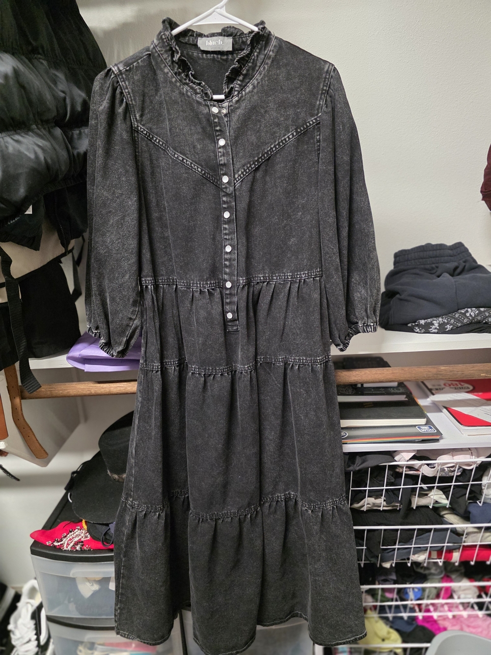 Blue B Black Washed Tiered Midi Dress with Ruffle Collar